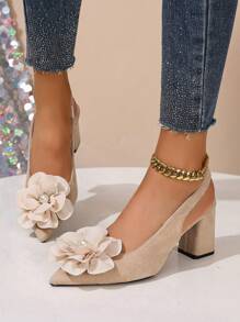 女式米色仿花高跟鞋，优雅粗跟，包头凉鞋，时尚尖头米色高跟鞋，踝带设计，百搭连衣裙、旗袍、舞蹈 - 米色 - 查看 4