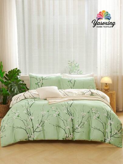 3 st/set Grönbeige Tvåfärgat Vändbart Påslakanset med Plommonblomma och Blomkvistar Lättskött Mikrofiber Mjukt Bäddset Mjukt Andningsbart Skrynkelfritt Bättre För Sömn, Lyxig Hotellstil, Present Till Mamma Pappa Vän, Täcke Täcke Påslakan*1 Örngott*2 King Queen Full Twin Size Sovrumssängkläder Ryggskolsängkläder