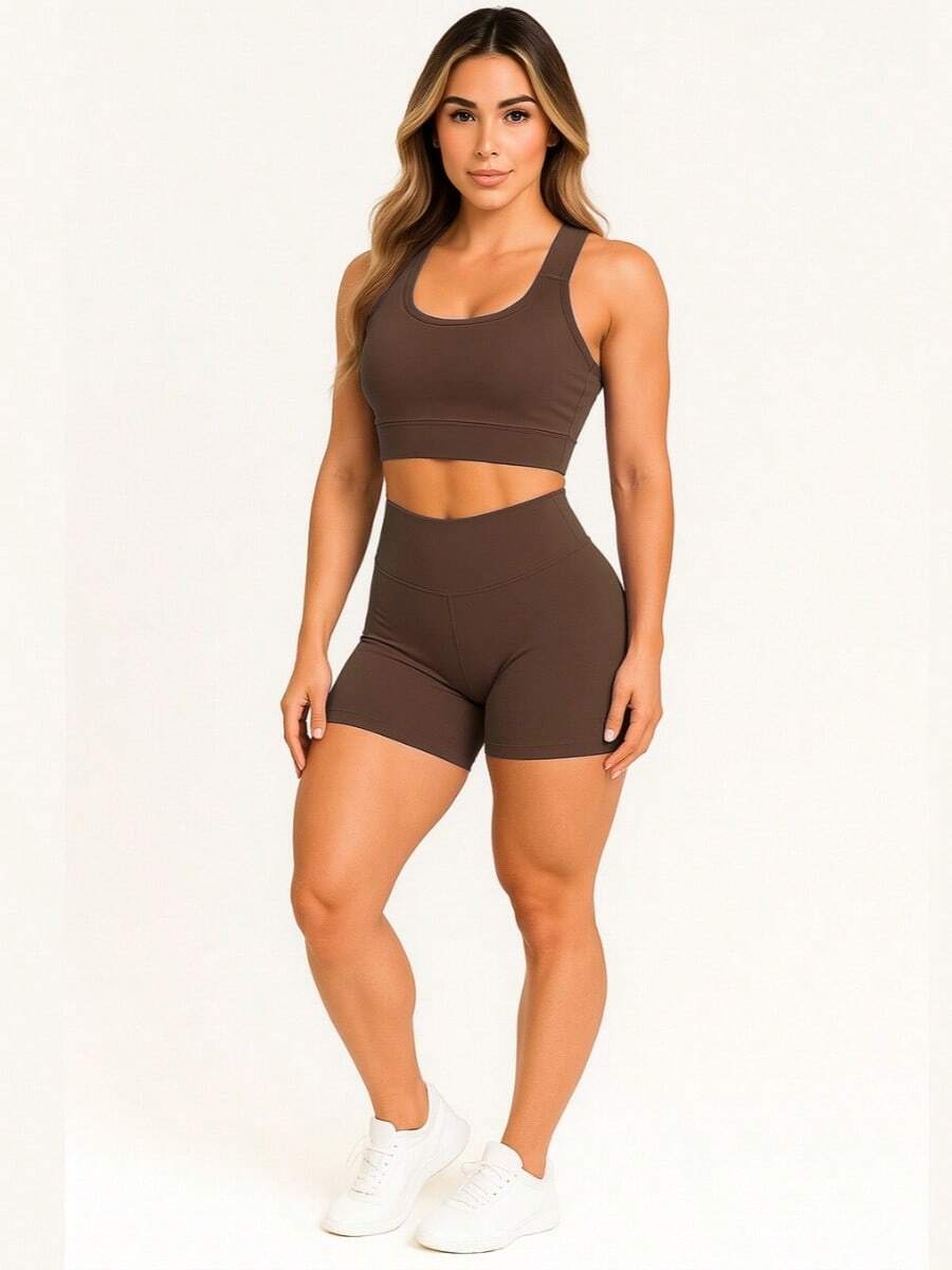 AKORIO MODAS Women's Fitness Fashion Top And Short Set Yoga Running A11 - 鏽棕色 - 查看 1