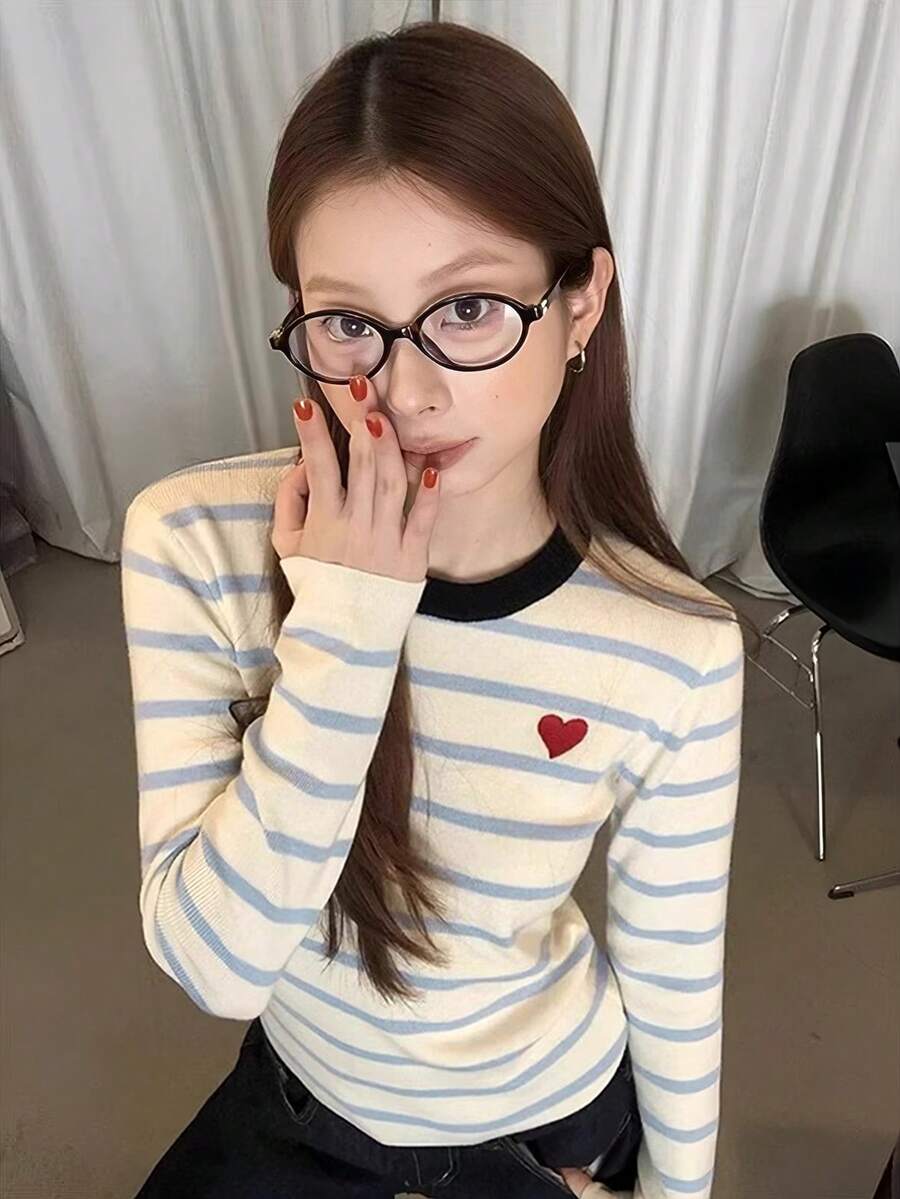 Sweater Rajut Bergaris Berkualitas Tinggi untuk Wanita, Atasan Berlapis yang Pas Badan, Gaya Manis & Pedas, Cocok untuk Musim Dingin, Natal, dan Festival Musim Semi - Biru - View 1