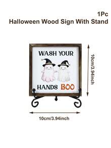 1pc 10*10cm/15*15cm Halloween Mini Bathroom Decor Painting, Wooden Halloween Witch Hat Ghost Design Bathroom Door Decoration, "Boo" Handwashing Reminder Decor With Cute Ghost, With Stand, Indoor/Outdoor Use, Horror Home Decor, Room Decoration, Halloween Desktop Ornament, Living Room Bathroom Decoration - Halloween Ghost - View 4