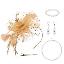 D EXCEED 1/4 件迷人帽子，带花朵网眼丝带羽毛，头带和夹子，适合女士茶会头饰，适合鸡尾酒教堂婚礼派对肯塔基赛马会