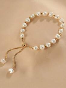 1pc Vintage White Pearl & Blue Crystal Asymmetrical Beaded Bracelet - Multicolor - View 10