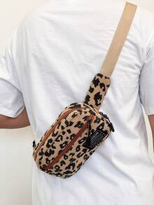 灯芯绒豹纹面料时尚百搭运动休闲男士胸包、简约智能手机袋和零钱包 - 卡其色 - 查看 2