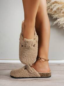 女士时尚新款毛绒单扣舒适室内户外度假休闲平底拖鞋 - 棕色 - 查看 3