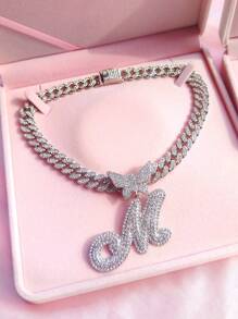 Silvery Women Necklaces - A-Z Initial Butterfly Pendant Necklace & Bracelet Set, Personalized Cuban Link Jewelry For Women, Rhombus Cuban Link Chain, Cursive Letter Jewelry Gift