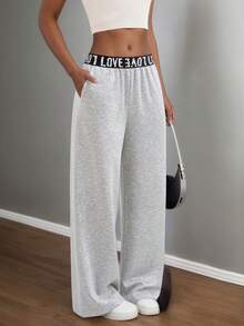 Teen Girl Letter Elastic Waist Loose Straight Leg Sweatpants With Pockets