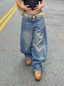 女式低腰浅色水洗宽松阔腿牛仔裤 Y2K 风格休闲裤秋冬 - 藍色 - 查看 3