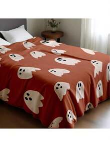 Kürbisfarben-weißer Geist Halloween Muster Decke - gestrickter Polyester Fleece, moderne digitale Bedruckung, Cartoon Thema, ganzjährig komfortable Heim Dekoration Tagesdecke, maschinenwaschbar