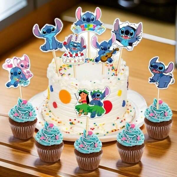 Disney Stitch 8pcs Cartoon Animal Cake Decoration Selection, Children's Birthday Cake Decoration, Dessert Table Selection