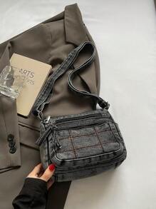 1件装女士休闲牛仔斜挎包，多拉链封口小方包，多口袋休闲单肩包，适合日常使用，经典牛仔风格，绗缝拼接装饰，迷你斜挎包是送给想要更轻便、更方便的女孩的最佳礼物。