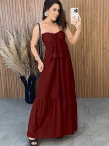 Long Strapless Dress With Elastane Back - 酒紅色 - 查看 2