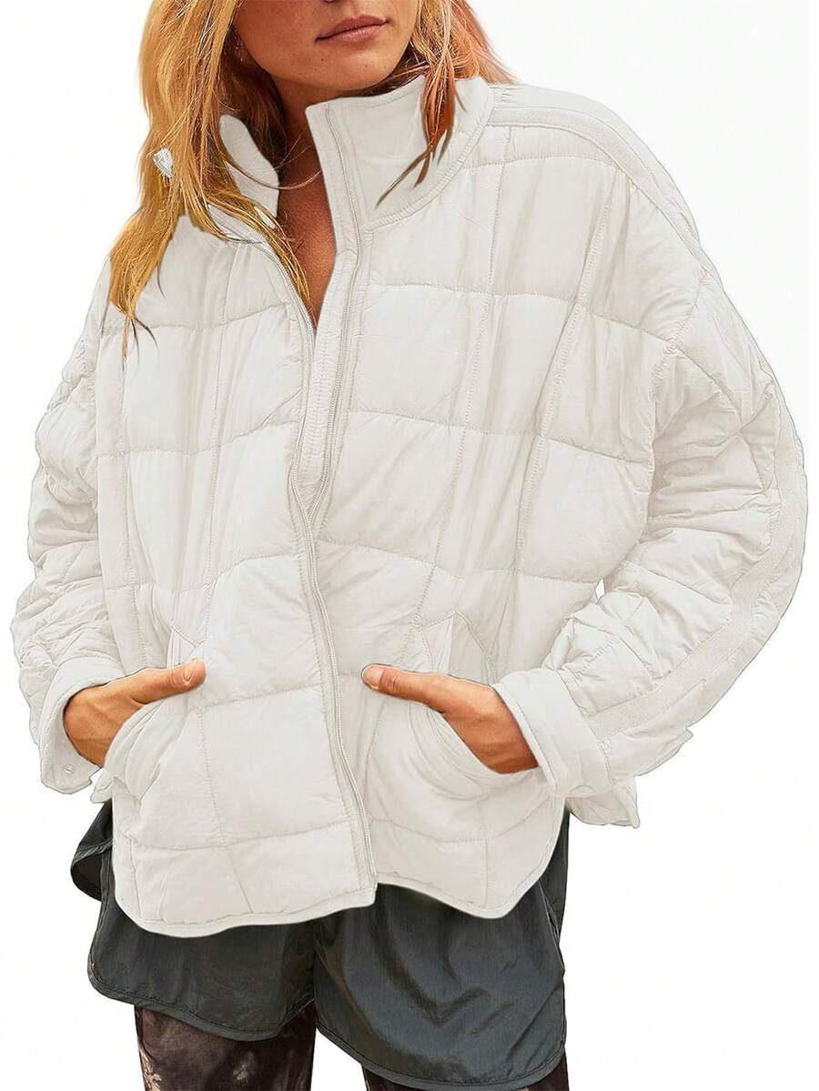 Women's Quilted Cotton Coat With Pockets,Lightweight Short Winter Puffer Jacket,Quilted Streetwear Fashion For Casual Lounge - trắng - Xem 1