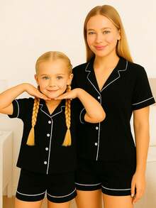 Pijama Mae e Filha Americano Blusa com Gola e Short - Preto e Branco - Visão 1