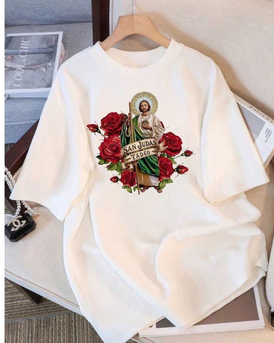 CHOPIS Camiseta Dama cuello redondo manga corta playera mujer blusa gráfica moda chopis suave casual diseño de SAN JUDITAS - Blanco - Ver 1