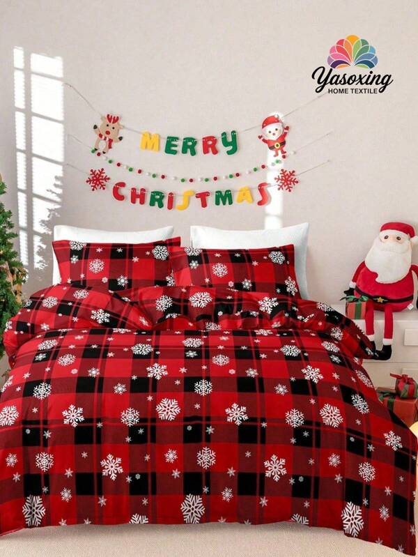 Juego de ropa de cama de 3 piezas con estampado de regalos, copos de nieve y cuadros rojos y negros - Funda nórdica, suave y transpirable, sin arrugas, estilo de hotel de lujo, regalo para mamá, papá y amigos - Tamaños King, Queen, Full, Twin