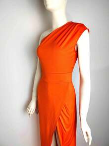 New Fashion Accessories 2024 New European And American Hot Women's One-Shoulder High-Waist Front Slit Temperament Dress  Hot-Selling Dress - Orange - View 4