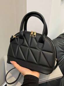 Classic Fashion Solid Color Quilted PU Leather Tote Bag, Women's Versatile Dome Top Handle Crossbody Bag, Simple Travel Vacation Handbag With Adjustable Shoulder Strap, Business Commuting Briefcase Shoulder Bags