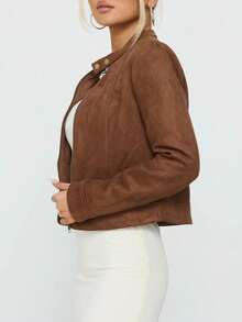 女士纯色仿麂皮拉链短款夹克，秋冬休闲 - 棕色 - 查看 3