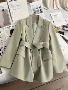 New Casual High-End Design Loose Fit Belted Blazer Jacket, Elegant Versatile Slimming Office Wear, Solid Color Pocket Fake Pocket, Autumn - Light Green - View 1
