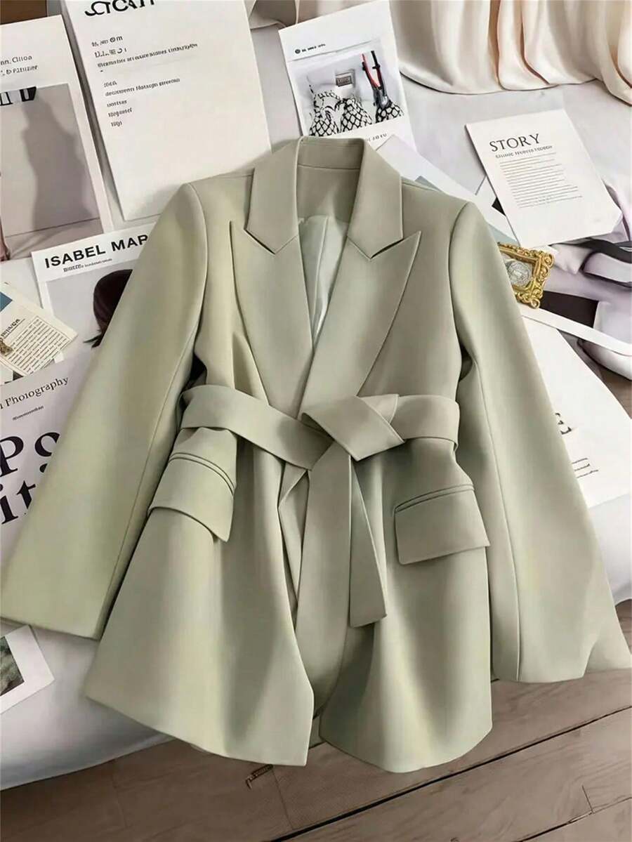 New Casual High-End Design Loose Fit Belted Blazer Jacket, Elegant Versatile Slimming Office Wear, Solid Color Pocket Fake Pocket, Autumn - Light Green - View 1