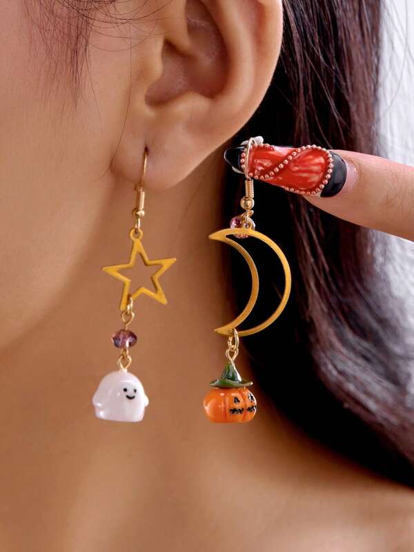 2 Peças Brincos de Cristal Fofos e Excêntricos com Fantasma, Abóbora, Estrela e Lua, Presente de Brincos para Festa de Halloween Feminina