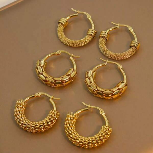 3Pairs Fashionable Design, Creative Style, Mesh Like Half Net Wrapped Jewelry, New Chinese Style Stainless Steel, Gold And Silver Circles, Woven Earrings For Women