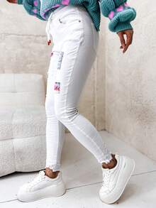 Calças femininas jeans estrelas calças femininas calças femininas cordão cinza elástico camuflagem namorado calças soltas com pingente calças casuais mais recentes Casual casual elástico jeans bolso jeans outono primavera - Branco - Ver 3