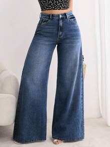 Pantalones Palazzo de Mezclilla de Cintura Alta para Mujer: Vaqueros Anchos para Estilos Casuales y Elegantes Bolsillos delanteros de botones femeninos ocio relajado retro lavado pantalones de piernas anchas para cubrir la carne delgada pantalones de campana nuevos y de moda,pantalon de mezclilla dama,san valentín ropa,pantalones de mujer,Azul oscuro retro - Azul - Ver 8