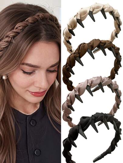 4pcs Women's Satin Braided Headbands, Minimalist Design, Non-Slip Teeth, Suitable For Daily Commute, Dates, Casual Outings, Hair Band, Makeup, Hair Hoop, Hair Accessories ,Gifts
