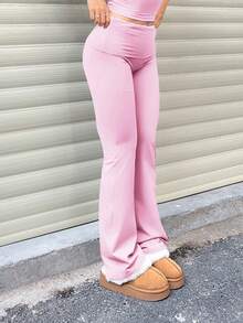 2pcs/Set Trouser Style Yoga Pants For Women Elastic Waist Gym Workout Flare Leggings Casual High Waisted Bootcut Yoga Pants - 白色+粉紅色 - 查看 6