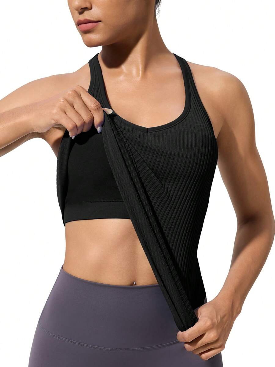 MathCat Workout Tank Tops For Women With Built In Bra, Seamless V Neck Tops Fitness Workout Yoga Shirts - màu đen - Xem 1