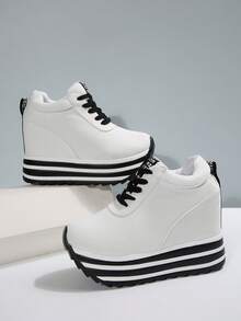 Fall/Winter Women's Platform Sneakers, Casual Lace-Up Elevator Skate Shoes, Versatile & Fashionable - White - View 1