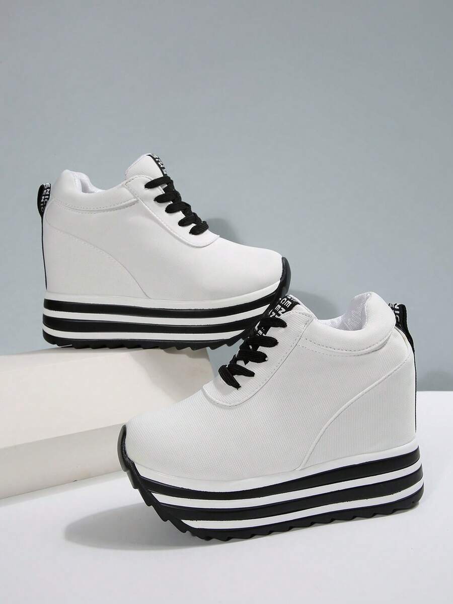 Fall/Winter Women's Platform Sneakers, Casual Lace-Up Elevator Skate Shoes, Versatile & Fashionable - White - View 1