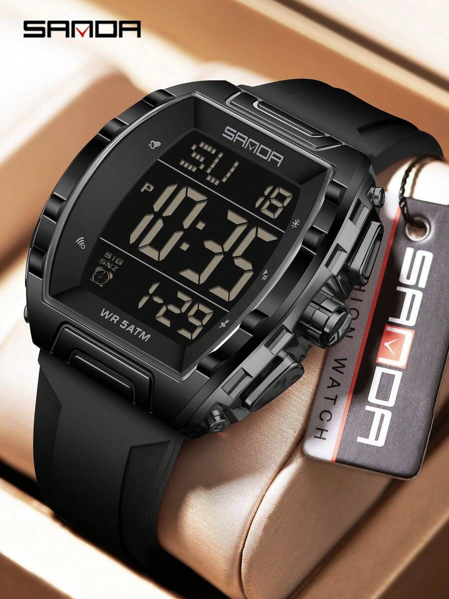SANDA. SANDA 6286 时尚电子手表，带日历、夜光、防震、防水、硅胶表带，男女通用运动数字腕表 - 黑色 - 查看 1