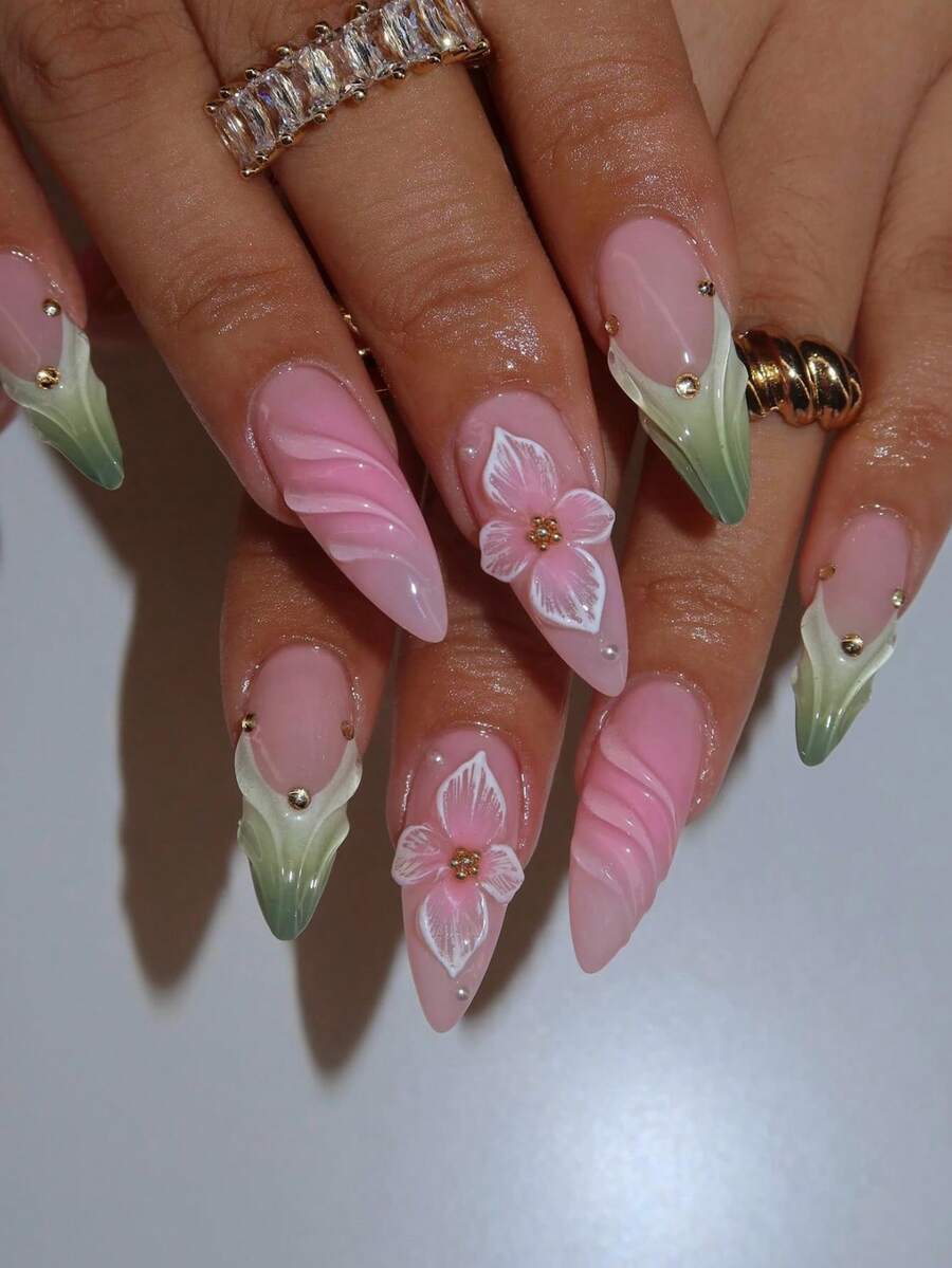 10片法式杏仁形美甲贴纸，粉色渐变，3D立体花卉装饰，波浪线艺术设计，镶嵌水钻，清新风格，亮面质感，全覆盖假指甲，适合女性和女孩日常佩戴