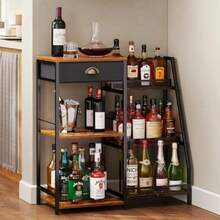 Liquor Cabinet Bar For Home With Drawer 3Tier Wine Rack Freestanding Floor And Wine Shelf With Step Design For Whiskey Spirits Vintage Mini Bar For Kitchen Apartment - RusticBrown - View 3