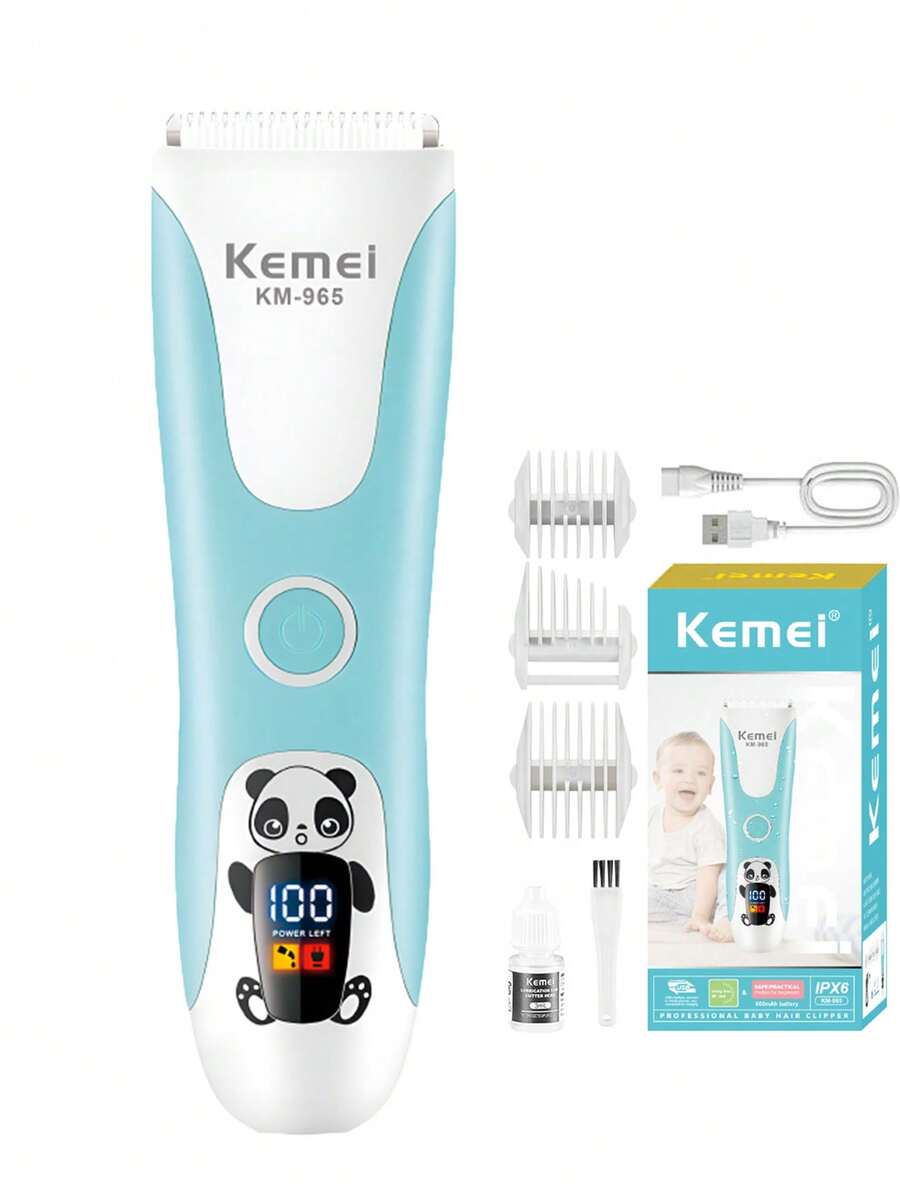 Máquina de cortar cabelo Kemei Baby, ultra silenciosa, com design à prova d'água | Lâmina de cerâmica hipoalergênica com visor LCD LED, máquina de cortar cabelo infantil sem fio, à prova d'água e recarregável para crianças e bebês KM-965
