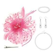 D EXCEED 1/4 件迷人帽子，带花朵网眼丝带羽毛，头带和夹子，适合女士茶会头饰，适合鸡尾酒教堂婚礼派对肯塔基赛马会