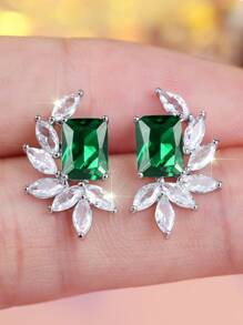 1pc Simple Sea Blue Rectangular Shape Cubic Zirconia Leaf Shaped Elegant Earring For Women, Suitable For Wedding, Engagement, And Daily Accessories