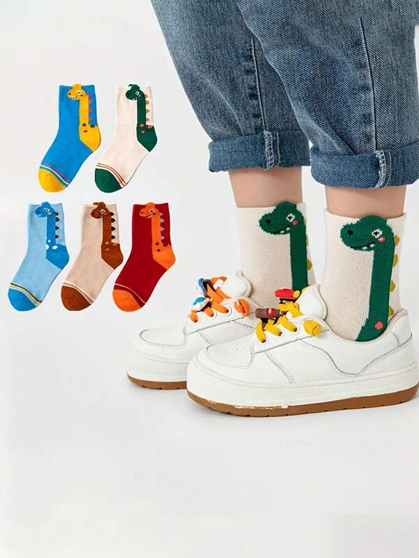 1-12years Cartoon Neck Dinosaur Design Children's Socks, Cartoon Dinosaur Design Children's Socks, Children Socks With Dinosaur Pattern,Comfortable Boys Mid-Calf Socks,Suitable For Everyday Casual Wear, Unisex Kids Mid-Calf, For Spring And Autumn