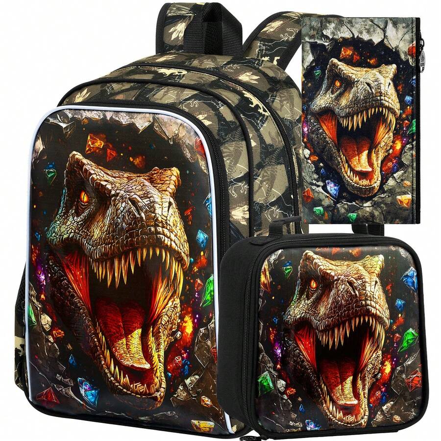 3PCS Dinosaur Backpack For Boys, 16" Kids Bookbag Water Resistant For Boy, Lightweight Backpacks With Lunch Box Pencil Case - Brown - View 1