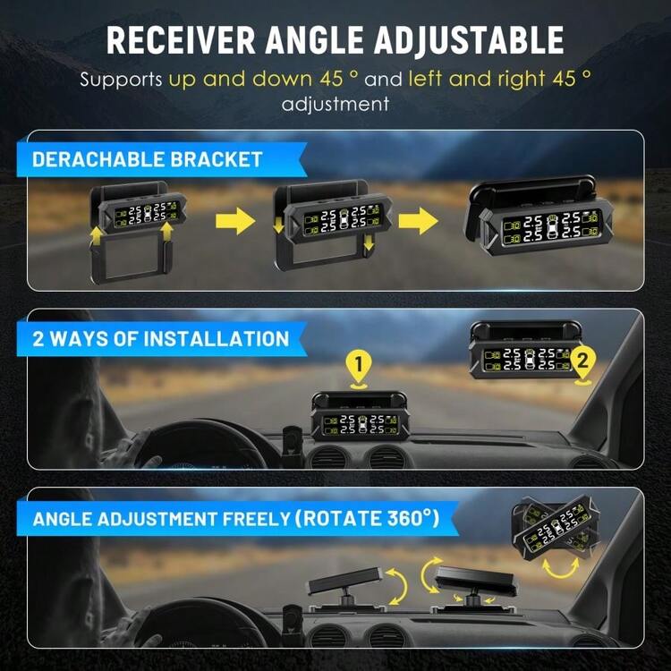 Tyre Pressure Monitoring System Wireless Solar Large Display Tyre Pressure Monitor Tire Pressure Auto Alarm System With 4 External Sensors - Black - View 3
