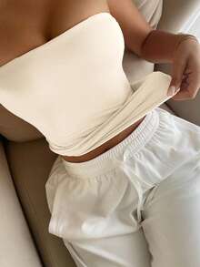 Áo hai dây không đường may, màu trơn, ôm sát, co giãn, kiểu dáng thời trang dành cho nữ của Vaiaye, thích hợp mặc thường ngày vào mùa xuân và hè. - Màu be - Xem 6