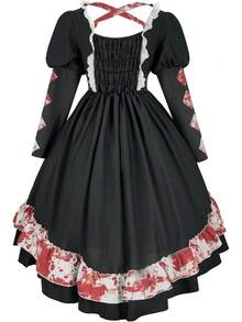 Gothic Lolita Bloody Bride Costume For Women, Kawaii Halloween Dress, Anime Doll Cosplay Party Outfit - 黑色 - 查看 8