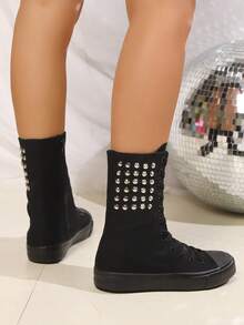 1 Pair Of Women's Short Boots, Suitable For Dances And School Daily Wear, With External Rivet Decoration And Internal Zipper, Lightweight And Comfortable Flat Boots - 黑色 - 查看 6