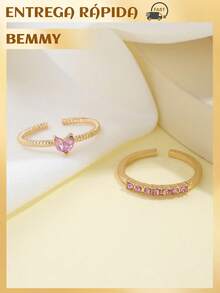 BEMMY 2 Piece Elegant Heart Shaped Ring With Rhinestone, Suitable For Women To Wear Daily And Dinner Parties - 玫瑰金色 - 查看 7