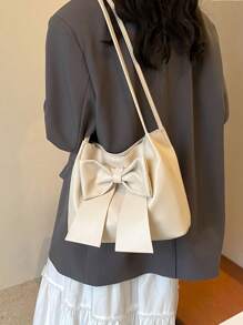 女士纯色 PU 皮革单肩包，超轻便携，时尚蝴蝶结装饰，优雅的女生手提包，大容量，送给她的完美情人节礼物，有史以来最好的情人节礼物选择，时尚女士蝴蝶结钱包