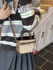 Casual Contrast Color Texture Versatile Commute Retro Leather Buckle Small Handbag With Pendant For Women - Coffee - View 8