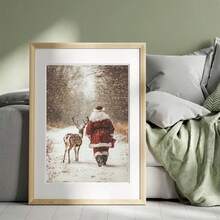 Frameless, A Santa Claus Reindeer Wall Art Print Poster, Winter Forest Snow Scene Christmas Home Decoration Painting, Farmhouse Christmas Print Hanging Painting, And His Reindeer Painting, Canvas Poster Room Decoration, Living Room Art Decoration, Modern Home Wall Art Decoration, Ideal Home Gift Creativity, Suitable For Living Room Study Bedroom Corridor Art Decoration Painting Christmas Decorations